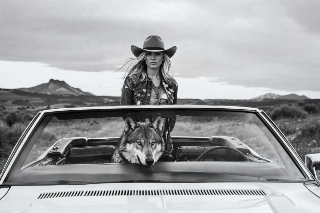 Wall art van sexy cowgirl op route 66