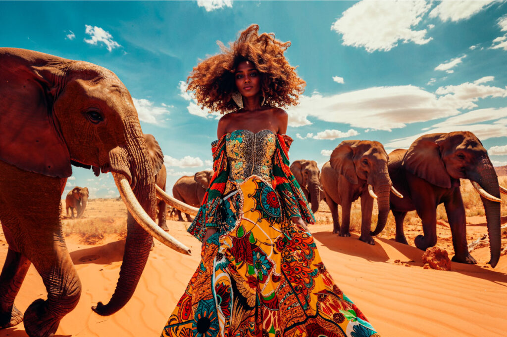 Muurkunst van mooie Afrikaanse vrouw met olifanten