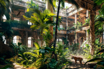 Fotokunst van tijger in verlaten gebouw