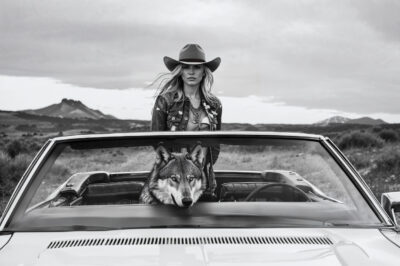 Wall art van sexy cowgirl op route 66