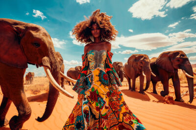 Muurkunst van mooie Afrikaanse vrouw met olifanten