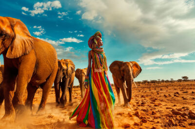 Kunstfoto van mooie Afrikaanse vrouw en olifant